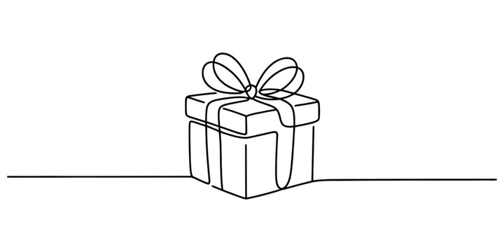 Continuous single line drawing of a gift box with a bow for celebration and birthday