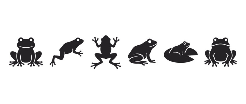 Black frogs vector icons isolated on transparent background. Amphibian symbols for graphic design. Frog, jumping frog, sitting frog, swimming frog, croaking frog. Minimalist line art. Vector.