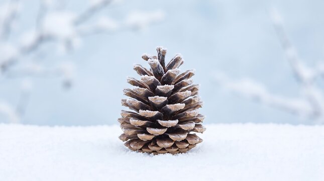 Single pine cone sitting on a white snowy surface against a soft light blue winter background