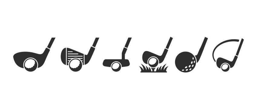 Golf club icons with golf ball. Golf equipment symbols and sports icons. Driver, Iron, Putter, Wedge, Golf Ball. Minimalist black and white design for branding, logos. Vector illustration.