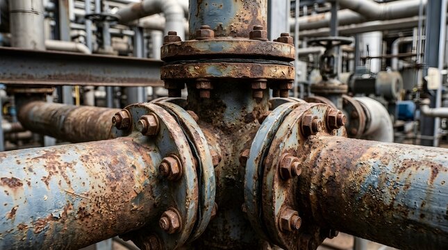 Industrial rusty pipes and flanged joints in an old chemical plant or factory