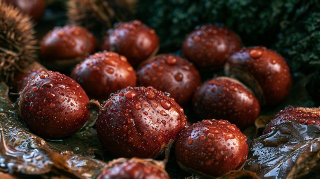 Recently fallen chestnuts lie among rain-covered leaves beneath a tree, with water droplets reflecting cool daylight across their dark reddish-brown shells