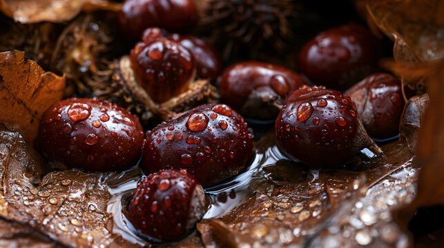 Recently fallen chestnuts lie among rain-covered leaves beneath a tree, with water droplets reflecting cool daylight across their dark reddish-brown shells