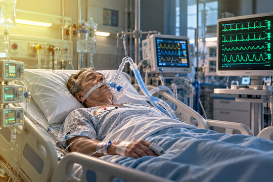 AI-generated photorealistic 3D medical illustration of icu intensive care room with equipment, created for healthcare education and commercial design.