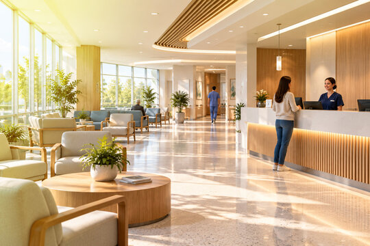 AI-generated photorealistic 3D medical illustration of modern hospital reception waiting area, created for healthcare education and commercial design.