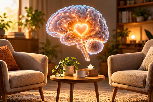 AI-generated photorealistic 3D medical illustration of mental health counseling therapy concept, created for healthcare education and commercial design.