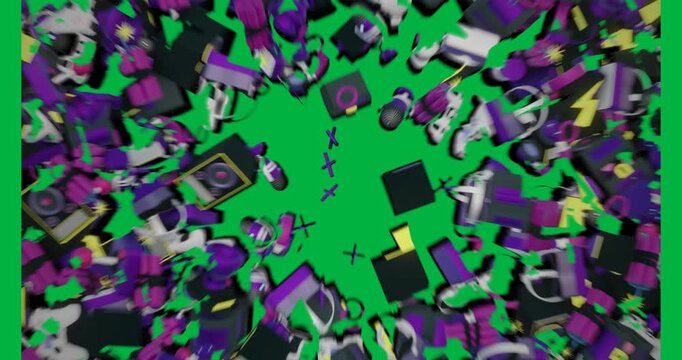 At transparent void 3D gaming audio icons drifting inward then dispersing outward visualizing loop
