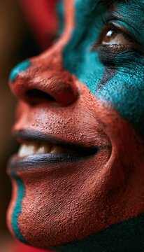 Smiling clown in coral and teal face paint looking toward open cream space