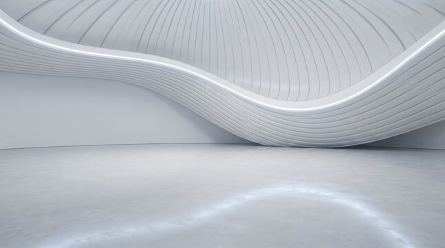 Flowing white curves shape futuristic interior, Ribbed parametric wall glows softly, Sleek minimalist architecture with glossy floor, Perfect for luxury showroom product presentations