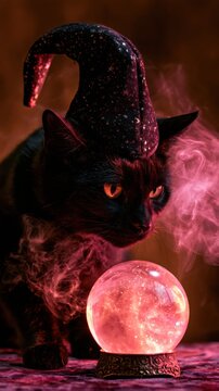 Black cat wearing a starry witch hat beside a glowing crystal ball amid swirling pink smoke. Halloween magic and witchcraft. Familiar animal in a fantasy setting. Spooky seasonal concept.