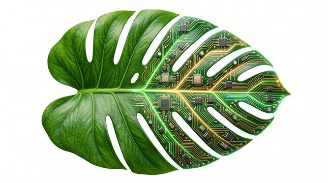 Transparent PNG of a Green Leaf Seamlessly Merging with a Computer Microchip