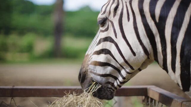 Close up of Zebra eating hay in the zafari zoo