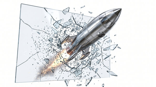 Transparent PNG of a Silver Rocket Ship Breaking Through a Shattered Glass Ceiling