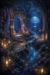 Fototapeta premium Enchanting moonlit garden portal, lanterns, flowers, stream