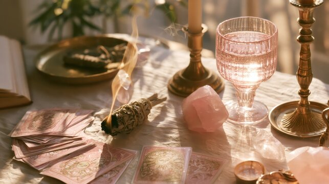 Tarot cards and smoldering sage bundle on a crystal-filled spiritual altar. Mysticism, divination and ritual practice. Holistic wellness, meditation and occult spirituality concept.