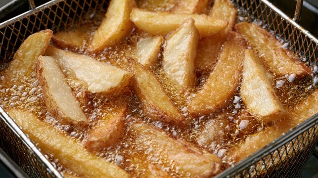 The Deep-Fried Potato Fries in a Metal Fryer Basket Sizzling