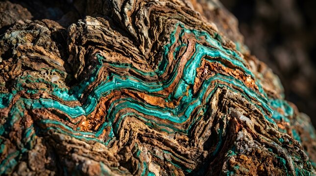Natural rock formation with striking wavy bands of bright turquoise malachite and copper ore minerals