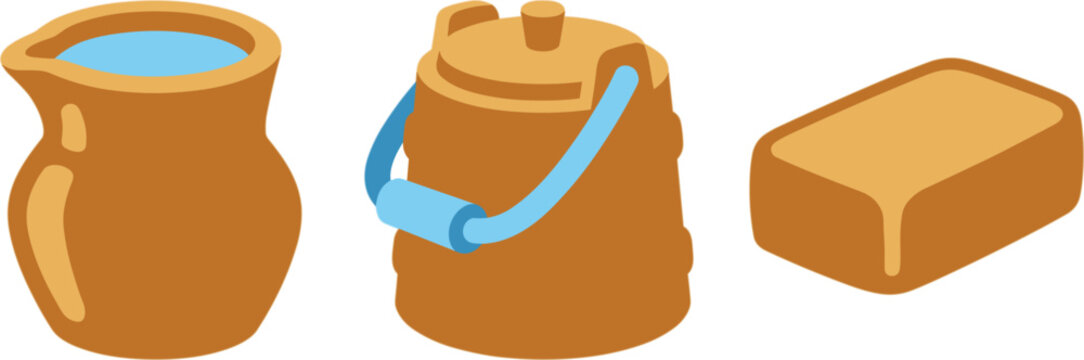 Butter process in three steps, from a jug of cream to a wooden churn to a block of butter