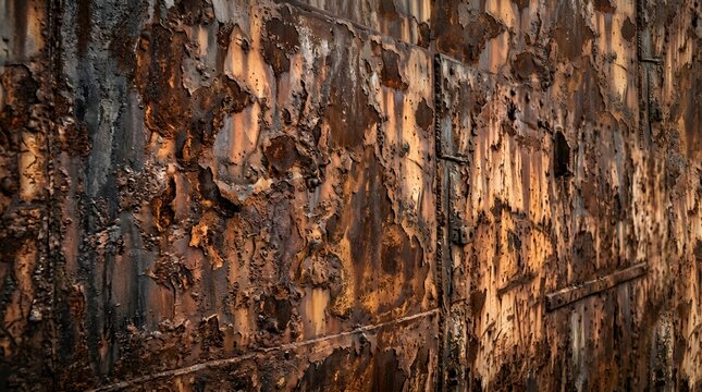 Heavy rusty metal wall surface with deep corrosion and peeling paint texture