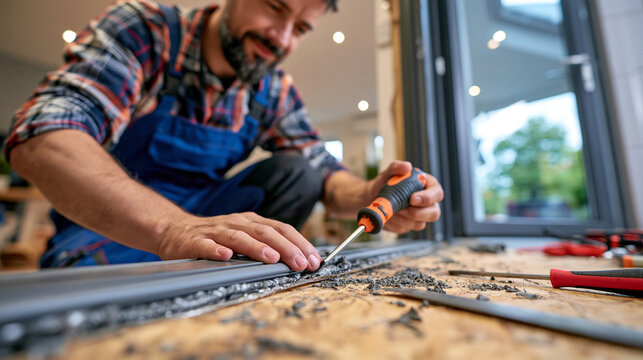 Close up of hands replacing an old door seal with a new insulated weather gasket, screwdriver and replacement material on a wooden surface, practical home improvement concept, detailed realistic pho