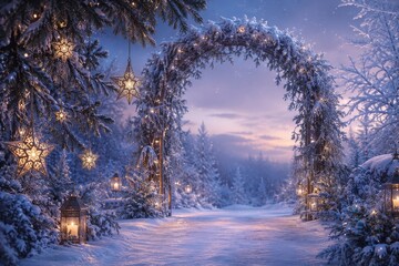 Fototapeta premium Enchanting snowy forest arch with glowing star lanterns