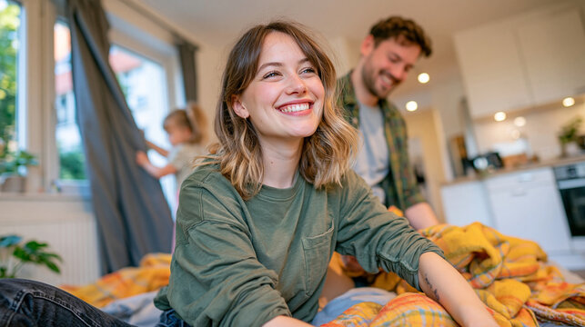 Family preparing an apartment for the first cold night by closing insulated curtains, checking heating and arranging warm blankets, cozy evening atmosphere, authentic candid lifestyle photography --