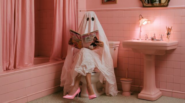 Person dressed as a sheet ghost reads a magazine in a pink tiled bathroom. Surreal Halloween costume scene. Playful fashion and domestic humor concept. Creative editorial styling.