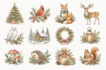 Fototapeta premium Christmas watercolor woodland animals, wreath, lantern and cabin