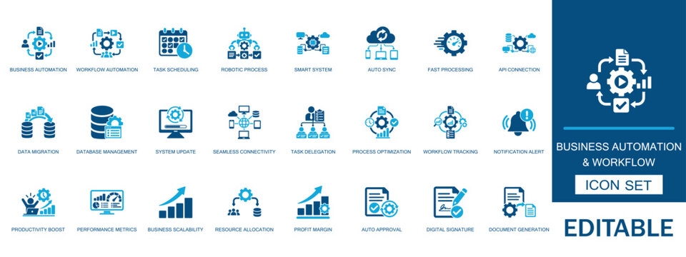 Business automation and workflow solid icon set. Featuring process optimization, data migration, integration, and task scheduling. Editable vector for corporate presentations.