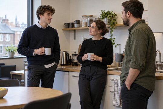 Young man meeting coworkers on his first workday