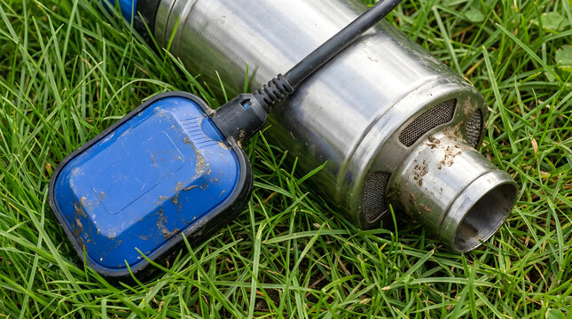 Stainless Steel Submersible Water Pump with Float Switch on Grass | Heavy Duty Stainless Steel Sump Pump Unit Resting on Lawn | Submersible Drainage Water Pump with Automatic Float Control Switch