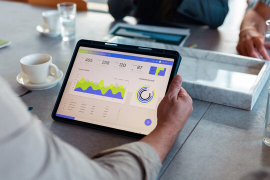 Business Team Reviewing Financial Analytics Dashboard On Tablet