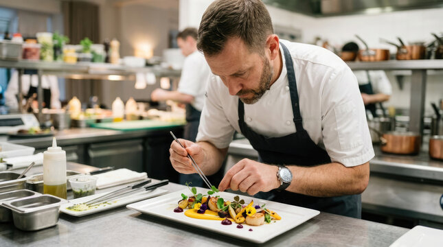 A skilled professional chef meticulously arranges a vibrant and beautifully presented dish within a bustling restaurant kitchen setting
