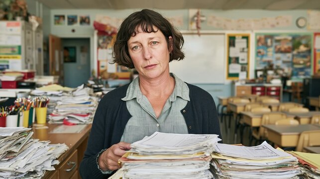 Teacher sorting stacks of blank worksheets at a wooden desk in a classroom, diligent and patient mood for education and workload articles
