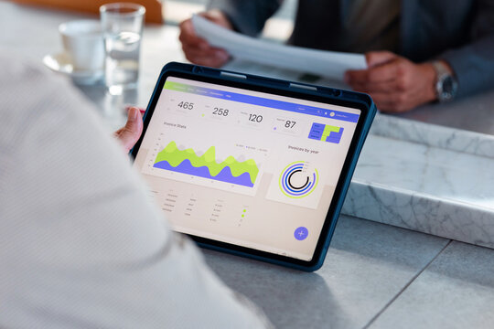 Business Tablet Showing Data Analytics Dashboard In Meeting