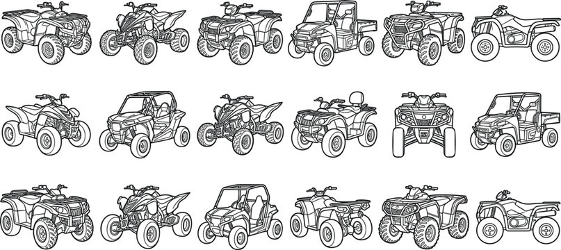 All terrain vehicle collection featuring outline linear icons of quad bikes buggies and utility transport vehicles