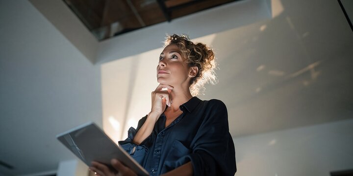 Woman thinking with a tablet in a modern office, pensive expression with soft lighting for business and media content, copy space