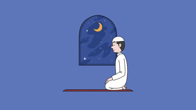 Cartoon Animation Muslim Man Performing Sujud Prayer at Night