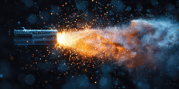 Close-up of black pistol firing bullet with burst of sparks, fire, and smoke against dark background. Generative by AI.