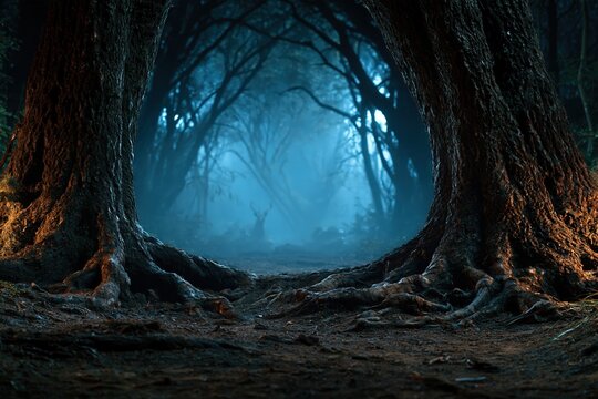 Ancient tree roots framing foggy woodland with moonlight and central opening