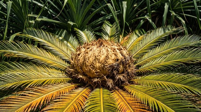 Close up of cycad plant with fibrous brown crown emerging from lush