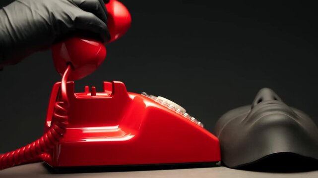 Gloved hand pressing a red telephone on a tabletop against a dark background