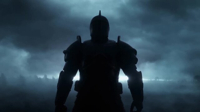 Armored Figure Standing Motionless in a Dark Foggy Landscape Beneath Storm Clouds