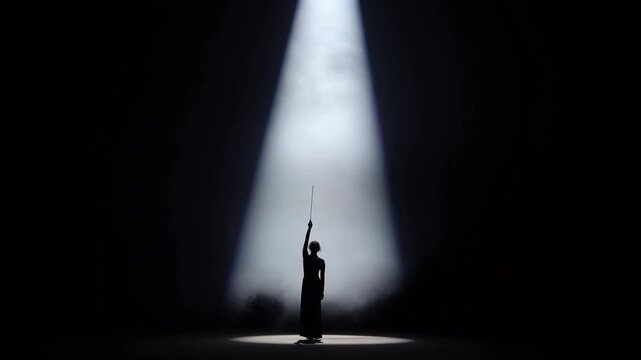Silhouetted Performer Raising a Wand Beneath a Bright Spotlight on a Dark Stage