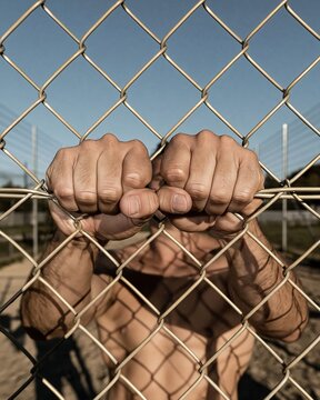 Weathered adult hands gripping a metal chain-link fence, showing tense knuckles and rough skin texture for a gritty dramatic concept