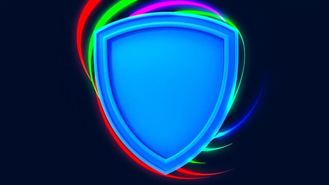 Blue shield with white check mark glowing against colorful neon arcs on a dark background