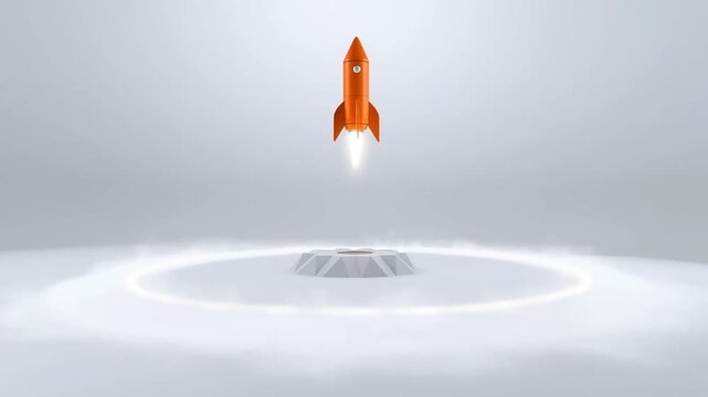 Orange Rocket Ascends from a Launch Pad with Bright Exhaust and Expanding Smoke Ring