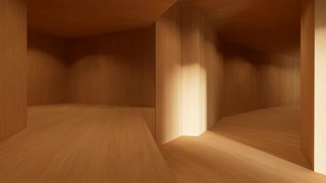 Warm sunlight shifts across an empty wooden interior with angular corridors and sculptural walls
