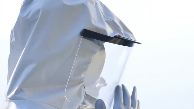 Hooded laboratory worker raises a gloved hand beside a clear face shield in bright sterile setting