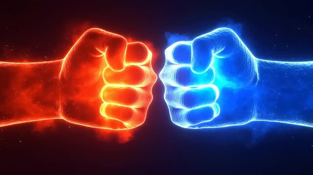 Glowing red and blue fists move toward each other against a dark abstract background